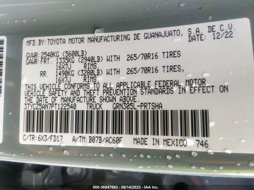 2023 TOYOTA TACOMA 4WD SR/SR5/TRD SPORT - 3TYCZ5AN7PT122540