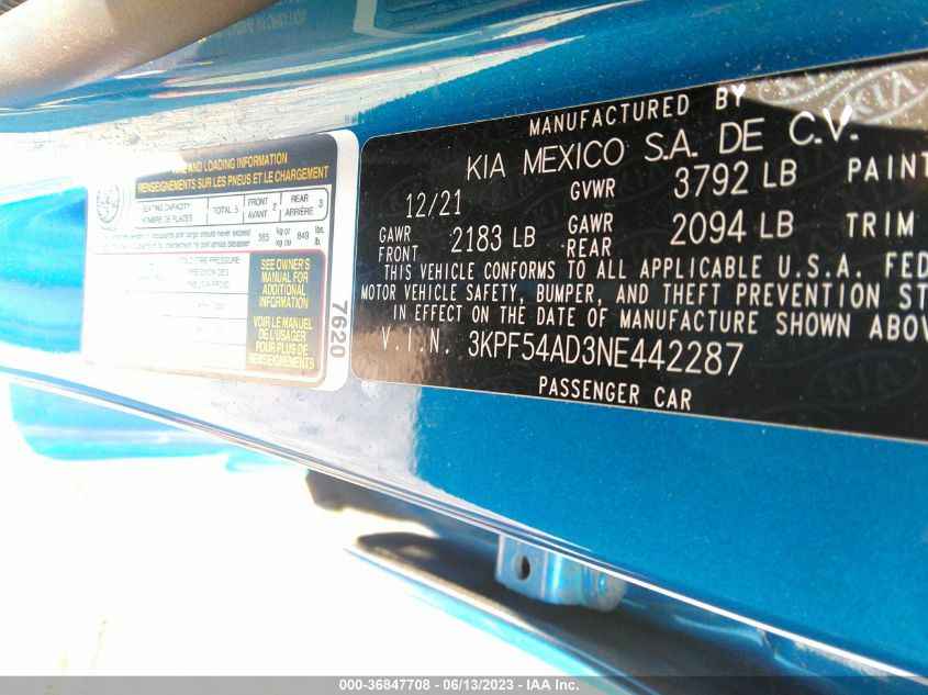 2022 KIA FORTE GT-LINE - 3KPF54AD3NE442287