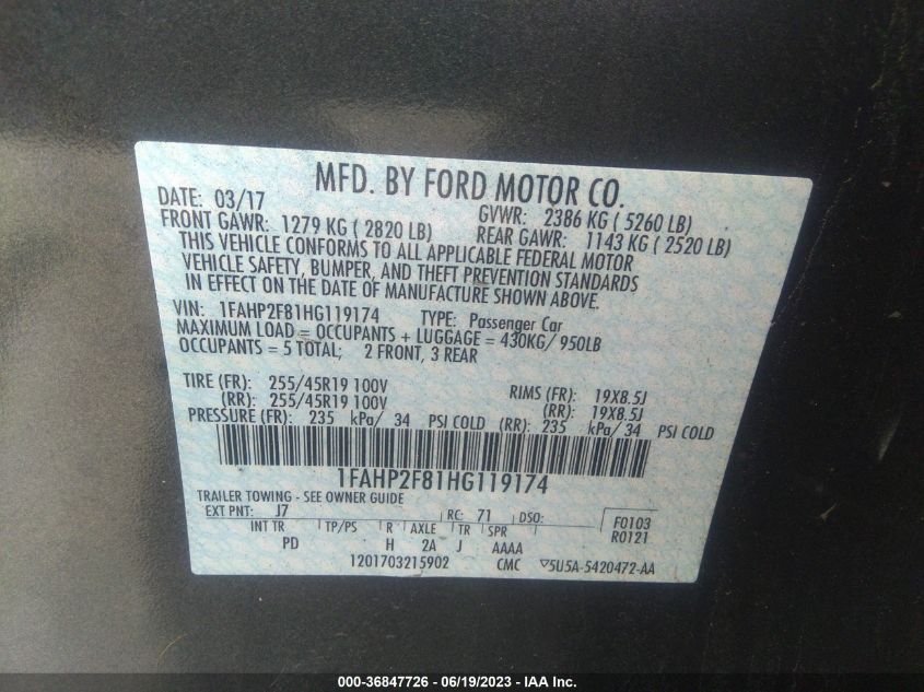 2017 FORD TAURUS LIMITED - 1FAHP2F81HG119174