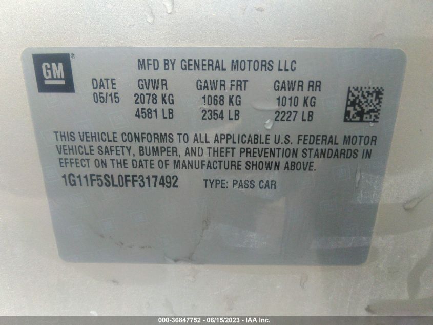 2015 CHEVROLET MALIBU LTZ - 1G11F5SL0FF317492