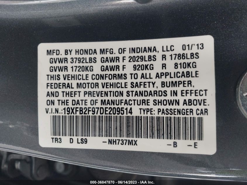 2013 HONDA CIVIC SDN EX-L - 19XFB2F97DE209514