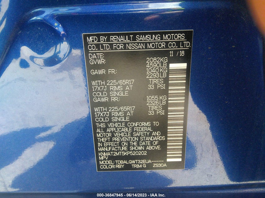 VIN KNMAT2MT5KP520202 2019 NISSAN ROGUE S/SV
