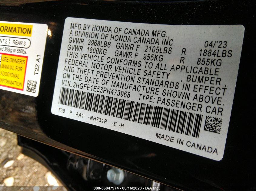 2023 HONDA CIVIC SI 2HGFE1E53PH473968