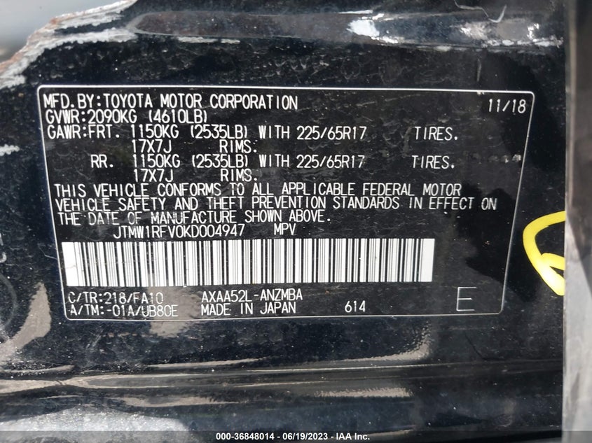 VIN JTMW1RFV0KD004947 2019 TOYOTA RAV4 XLE