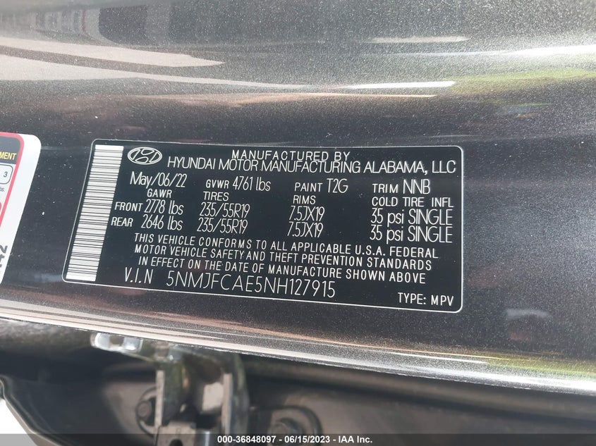 VIN 5NMJFCAE5NH127915 2022 HYUNDAI TUCSON SEL