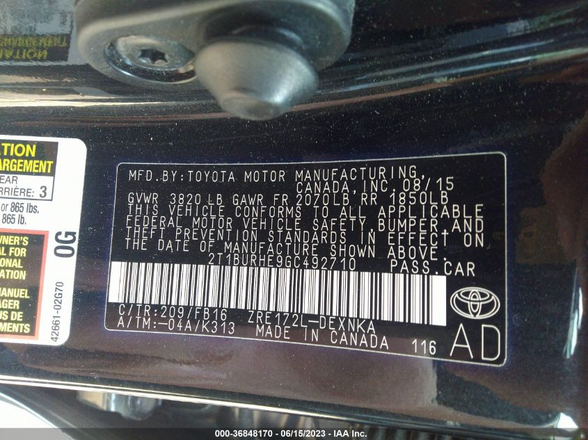 2016 TOYOTA COROLLA L/LE/S/S PLUS/LE PLUS - 2T1BURHE9GC492710