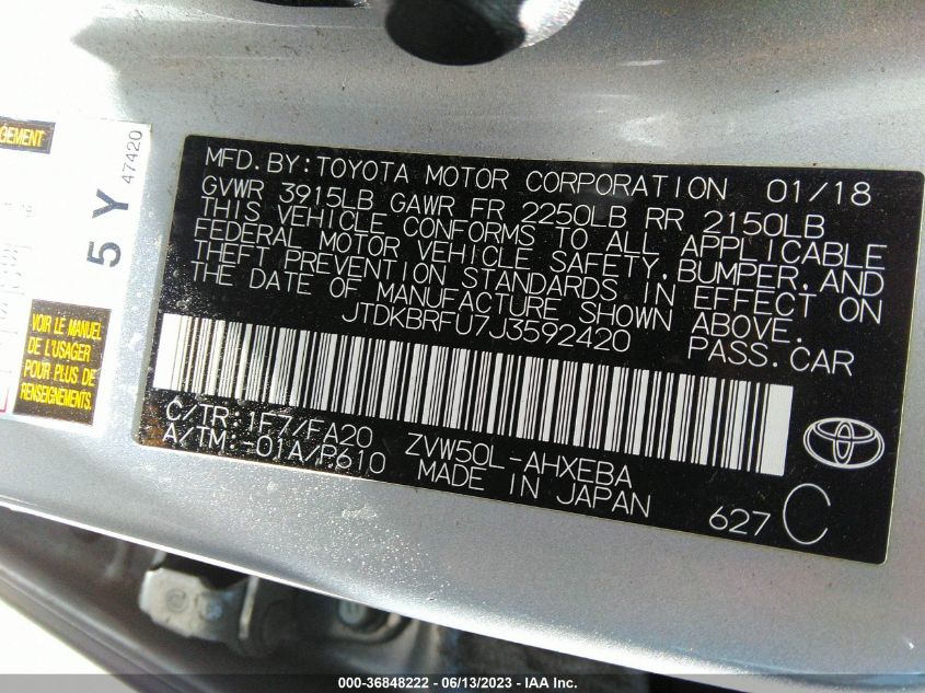 2018 TOYOTA PRIUS TWO/TWO ECO/THREE - JTDKBRFU7J3592420