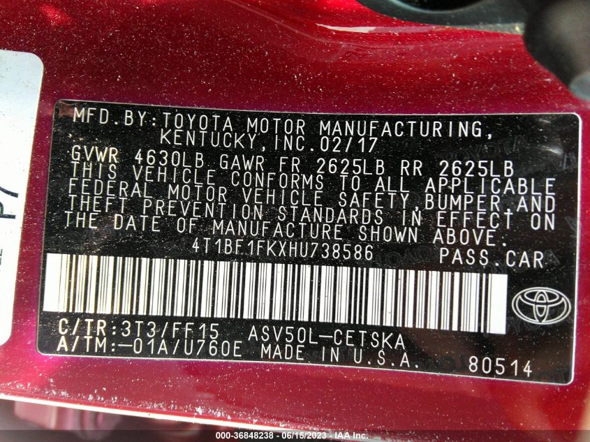 2017 TOYOTA CAMRY XLE/SE/LE/XSE - 4T1BF1FKXHU738586