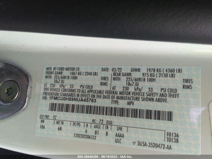 2022 FORD ESCAPE SEL - 1FMCU0H69NUA45783