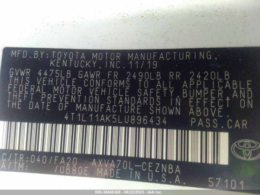 2020 TOYOTA CAMRY LE - 4T1L11AK5LU896434