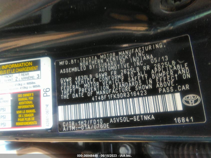 2013 TOYOTA CAMRY L/LE/SE/XLE - 4T4BF1FK9DR316423