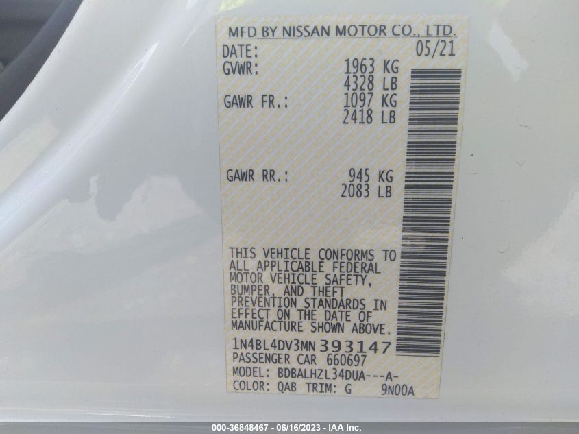 2021 NISSAN ALTIMA 2.5 SV - 1N4BL4DV3MN393147