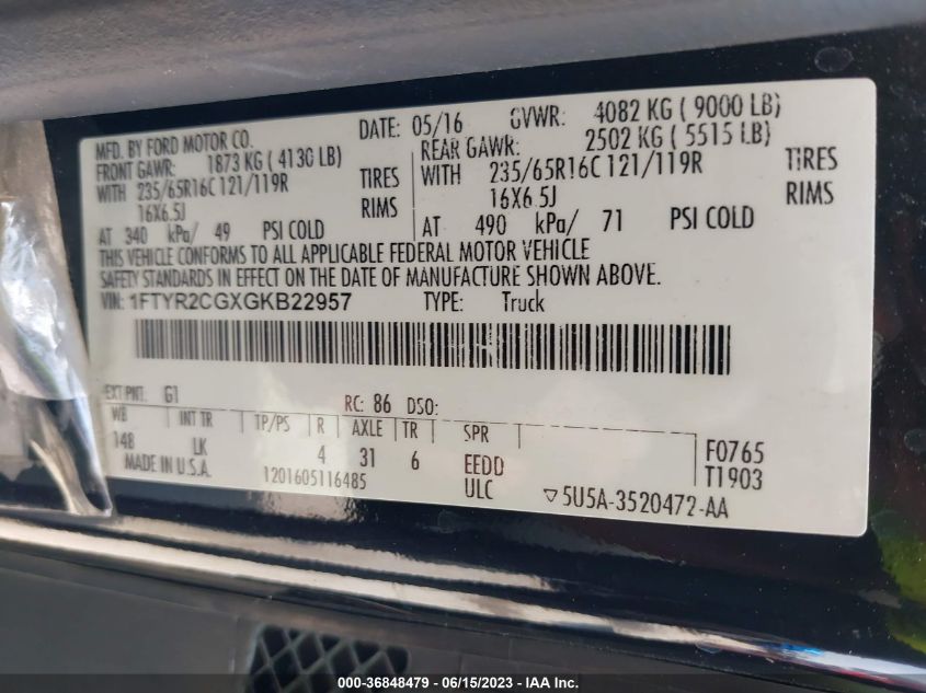 2016 FORD TRANSIT CARGO VAN - 1FTYR2CGXGKB22957