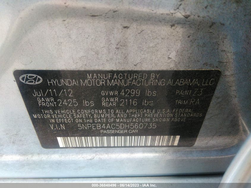 2013 HYUNDAI SONATA GLS PZEV - 5NPEB4AC5DH560735
