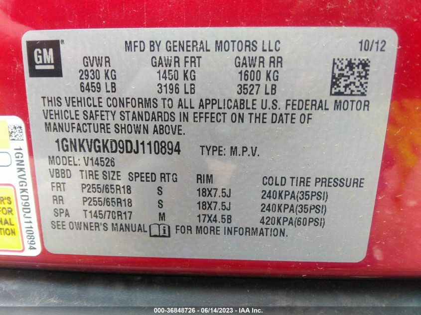 2013 CHEVROLET TRAVERSE LT - 1GNKVGKD9DJ110894