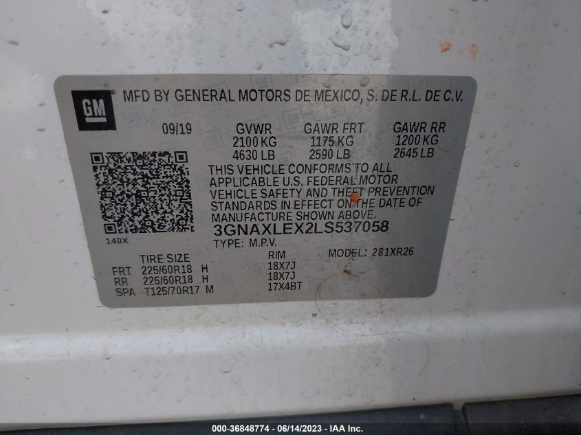 2020 CHEVROLET EQUINOX LT - 3GNAXLEX2LS537058