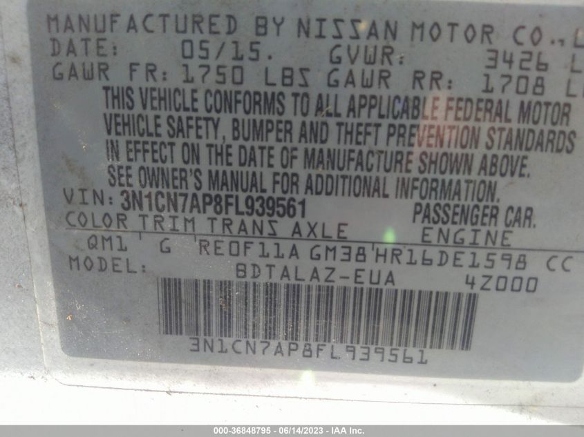 2015 NISSAN VERSA S PLUS - 3N1CN7AP8FL939561
