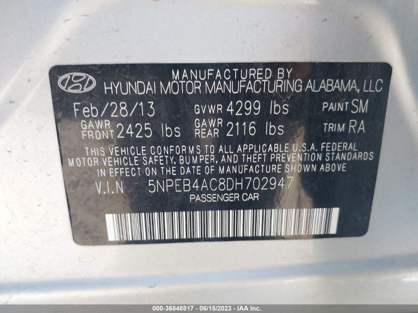 2013 HYUNDAI SONATA GLS PZEV - 5NPEB4AC8DH702947