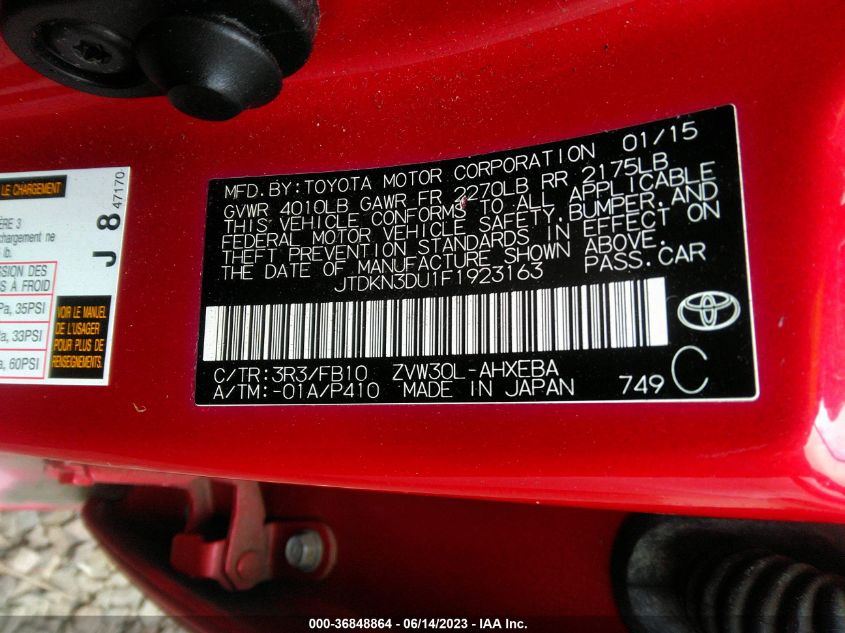 2015 TOYOTA PRIUS - JTDKN3DU1F1923163