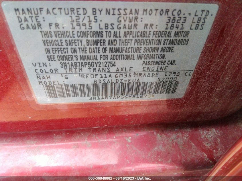 2016 NISSAN SENTRA SR/SL/S/SV/FE+ S - 3N1AB7AP5GY212754