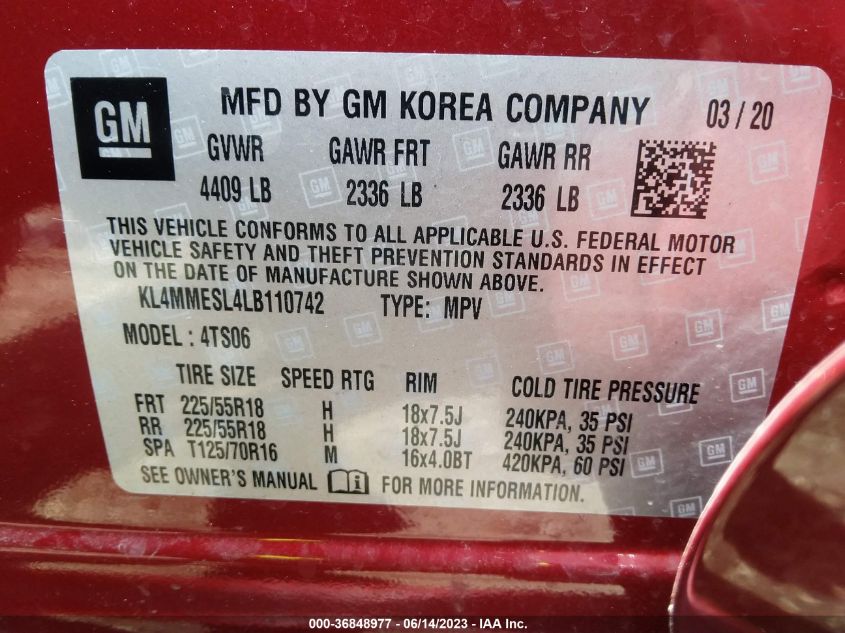 2020 BUICK ENCORE GX SELECT - KL4MMESL4LB110742