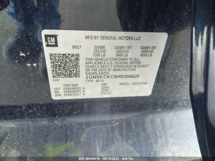 2017 CHEVROLET TAHOE PREMIER - 1GNSKCKC6HR356625