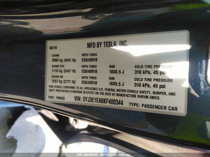 2019 TESLA MODEL 3 RANGE - 5YJ3E1EA0KF400344