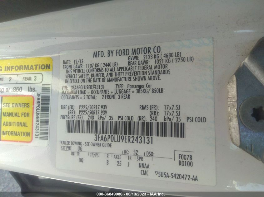 2014 FORD FUSION SE HYBRID - 3FA6P0LU9ER243131