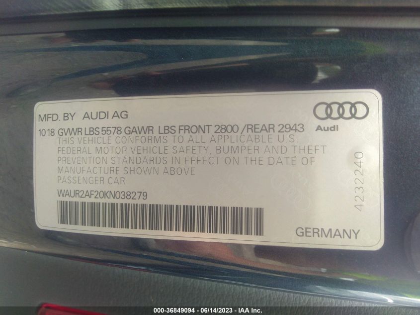2019 AUDI A7 PREMIUM PLUS - WAUR2AF20KN038279