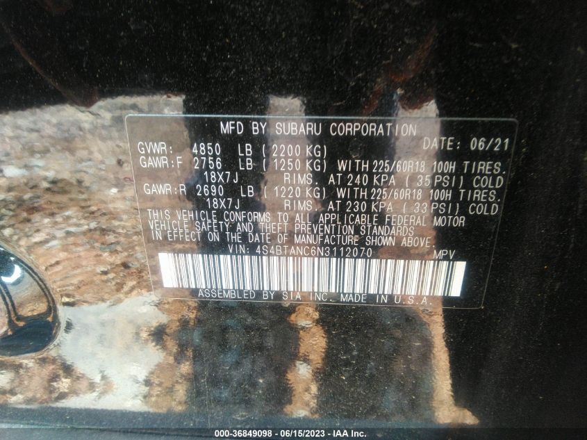 2022 SUBARU OUTBACK LIMITED - 4S4BTANC6N3112070