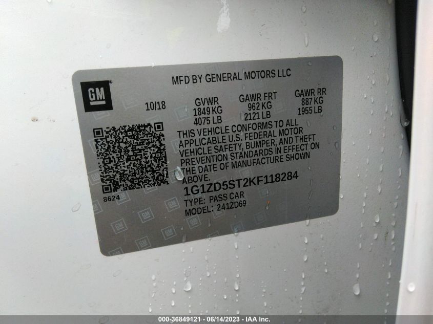 2019 CHEVROLET MALIBU LT - 1G1ZD5ST2KF118284