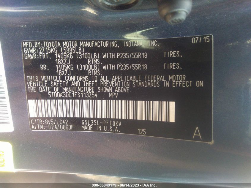 2015 TOYOTA SIENNA XLE/LIMITED - 5TDDK3DC1FS113754