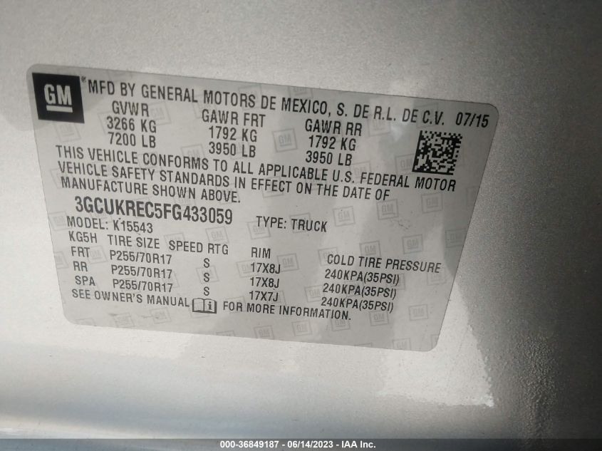 2015 CHEVROLET SILVERADO 1500 LT - 3GCUKREC5FG433059