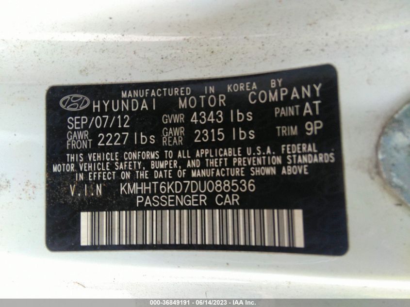 2013 HYUNDAI GENESIS COUPE 2.0T KMHHT6KD7DU088536