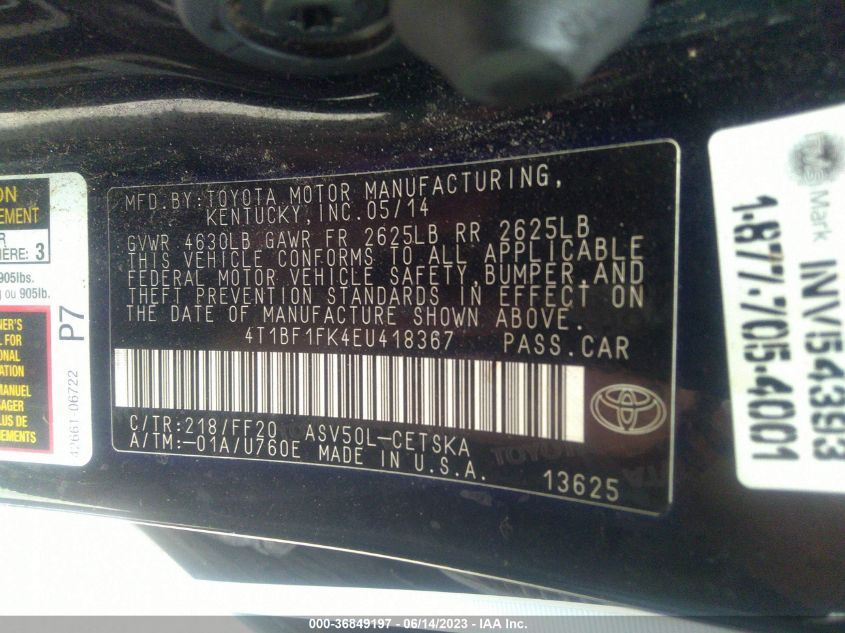 2014 TOYOTA CAMRY L/LE/XLE/SE/SE SPORT - 4T1BF1FK4EU418367