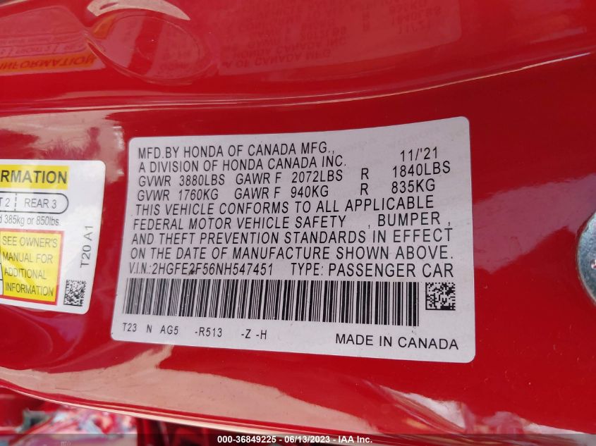 2022 HONDA CIVIC SEDAN SPORT - 2HGFE2F56NH547451