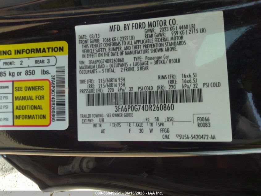 2013 FORD FUSION S - 3FA6P0G74DR260860