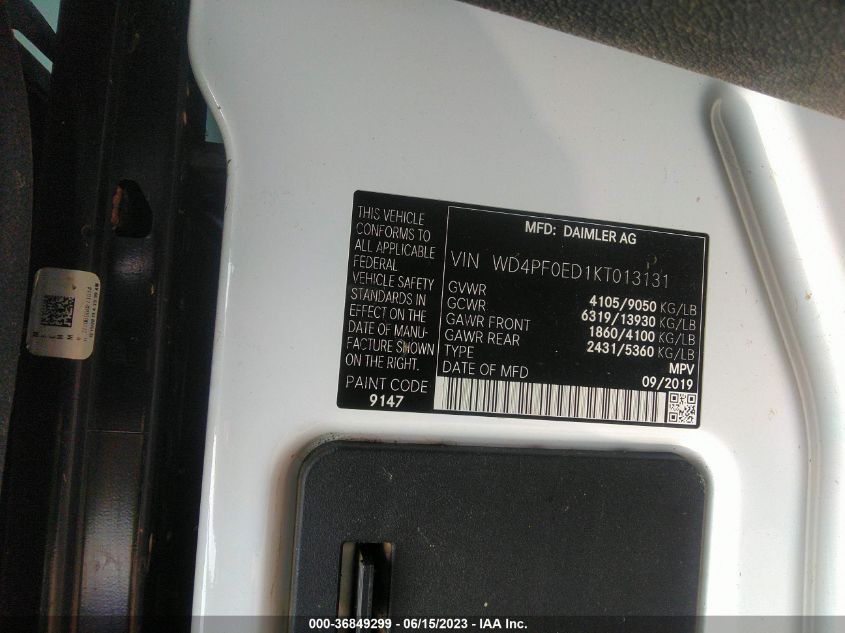 2019 MERCEDES-BENZ SPRINTER VAN WD4PF0ED1KT013131