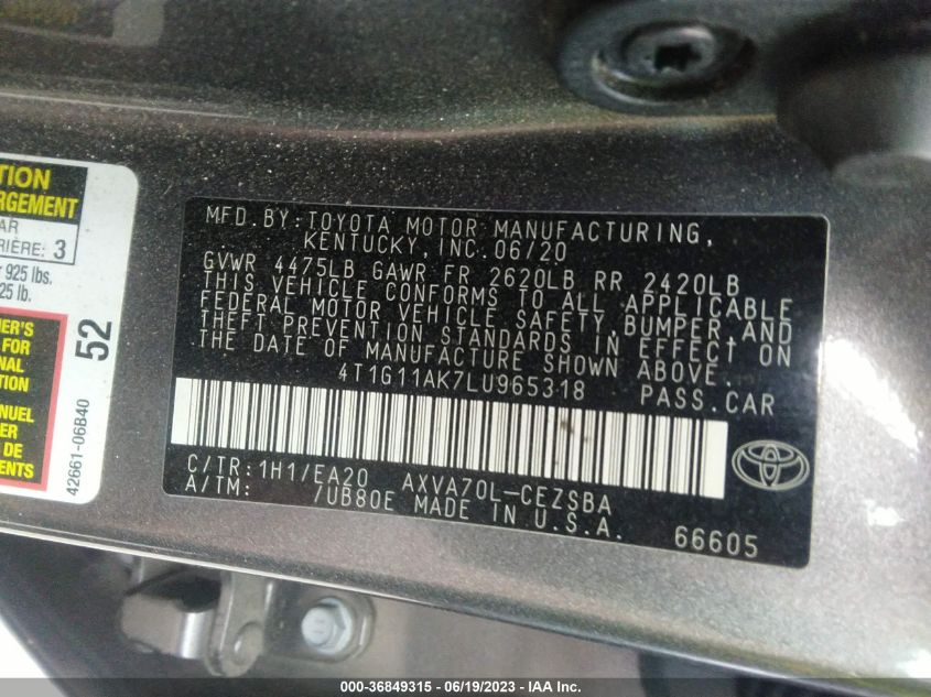 2020 TOYOTA CAMRY SE - 4T1G11AK7LU965318