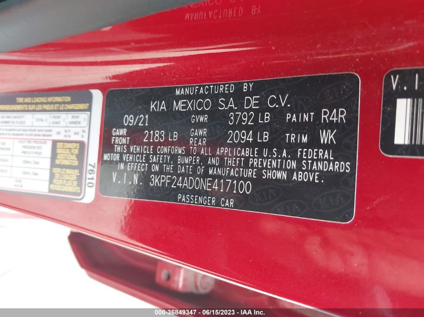 2022 KIA FORTE LXS - 3KPF24AD0NE417100
