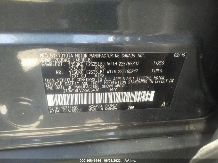 2019 TOYOTA RAV4 XLE - 2T3W1RFV2KW054381