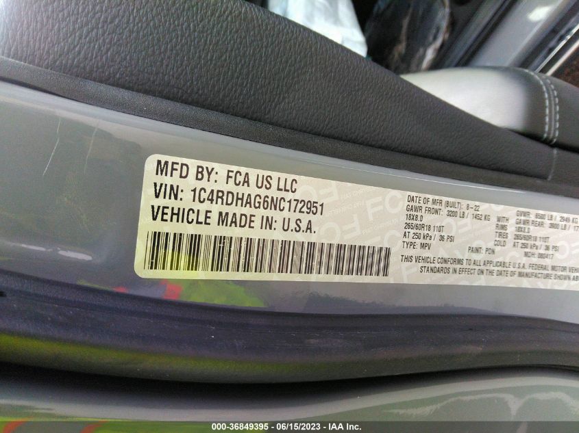2022 DODGE DURANGO SXT - 1C4RDHAG6NC172951