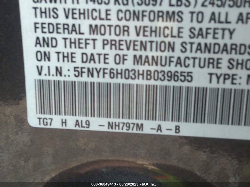 VIN 5FNYF6H03HB039655 2017 HONDA PILOT ELITE