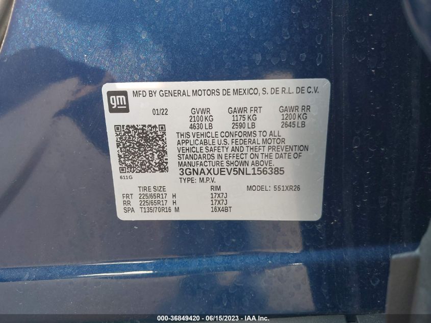 2022 CHEVROLET EQUINOX LT - 3GNAXUEV5NL156385