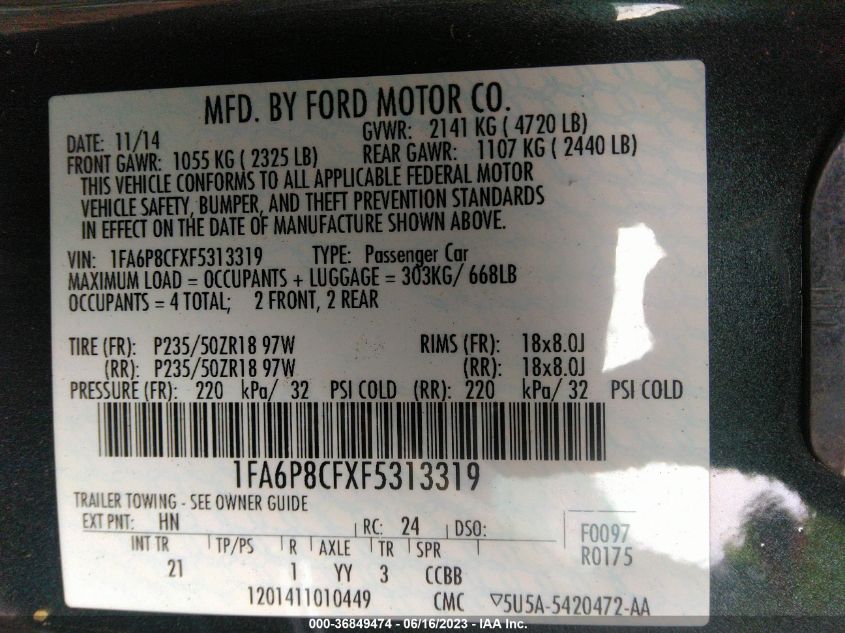 2015 FORD MUSTANG GT - 1FA6P8CFXF5313319