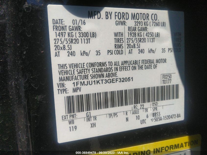 2016 FORD EXPEDITION LIMITED - 1FMJU1KT3GEF32051