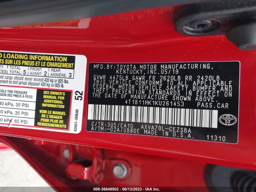 2019 TOYOTA CAMRY SE - 4T1B11HK1KU261453