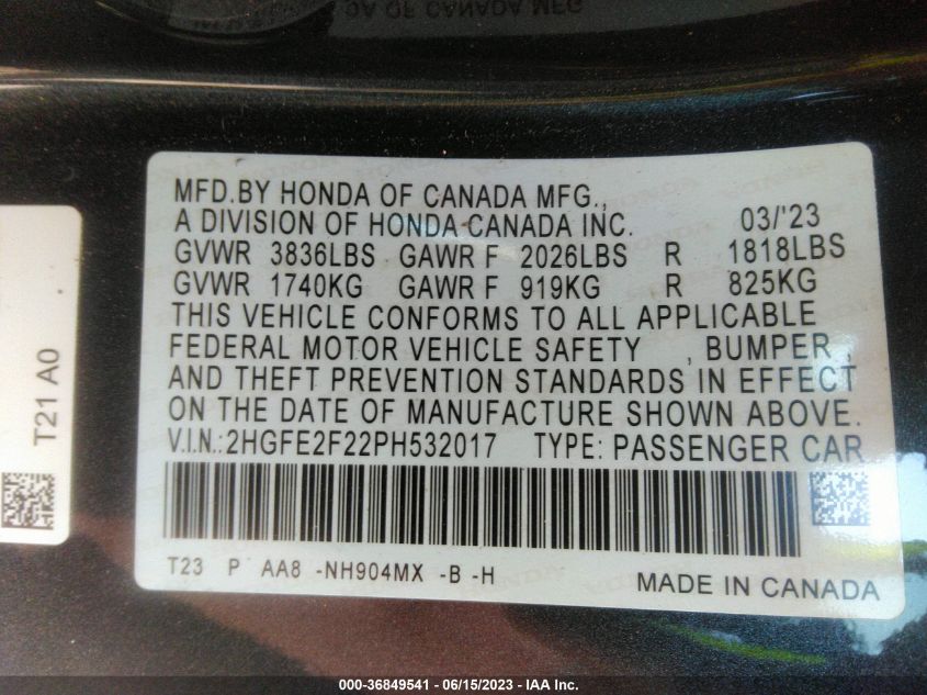 2023 HONDA CIVIC SEDAN LX - 2HGFE2F22PH532017