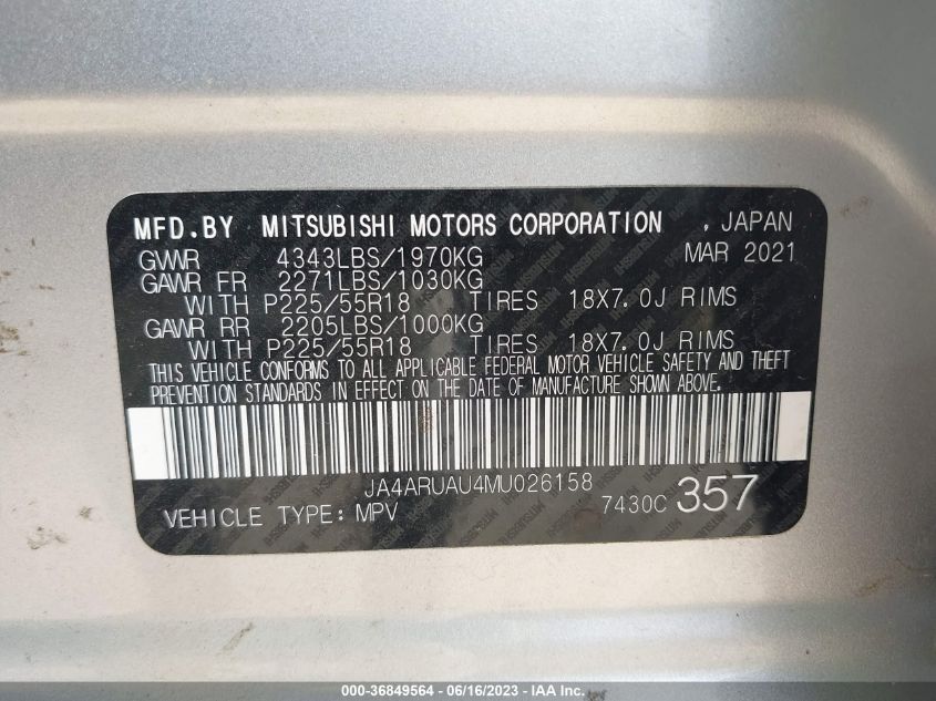 2021 MITSUBISHI OUTLANDER SPORT ES/SE/LE/BE - JA4ARUAU4MU026158