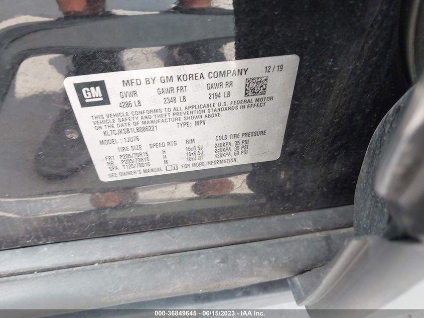 VIN KL7CJKSB1LB086221 2020 CHEVROLET TRAX LS